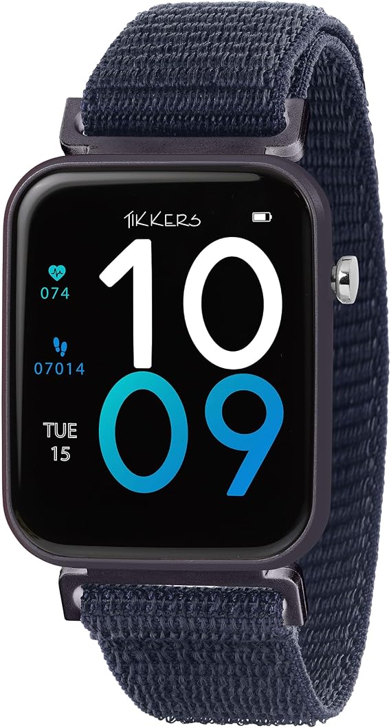 Tikkers Kids Series 13 Smart Watch with Fitness Tracker, Alarm Clock, Camera, GPS Connection, Heart Rate Monitor, Step Counter, Touch Screen, Navy Riptape Strap