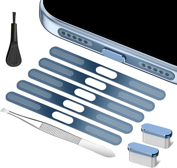iPhone 18 Pro Max用スピーカープロテクター&USB Cダストプラグ、ブルー
