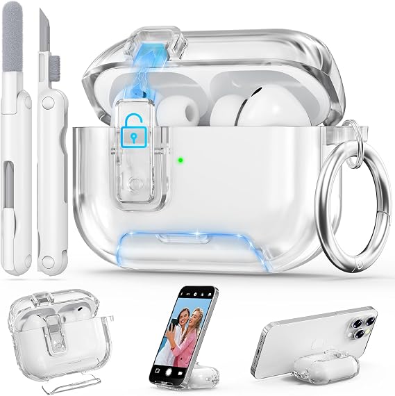 for AirPods Pro 3 Clear Case 2025 with Secure Lock, Soft TPU Transparent Case Cover for Apple AirPods Pro 3rd Generation with Phone Stand & Cleaning Kit for Women Men with Keychain, Clear