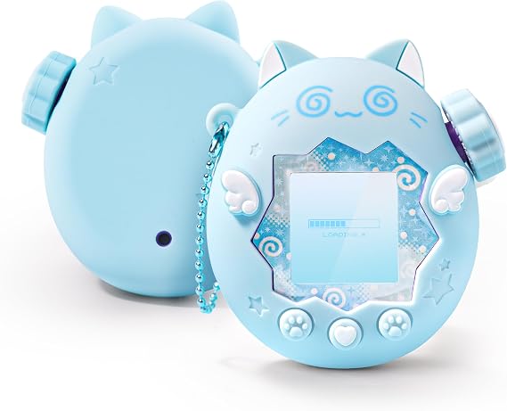 GeekShare Silicone Case Compatible with Tamagotchi Paradise, Soft Protective Cover, with Button Caps, Bead Chain Lanyard & Stickers, Anti-Scratch Skin, Comfort Grip Set (Circle Cat (Blue))