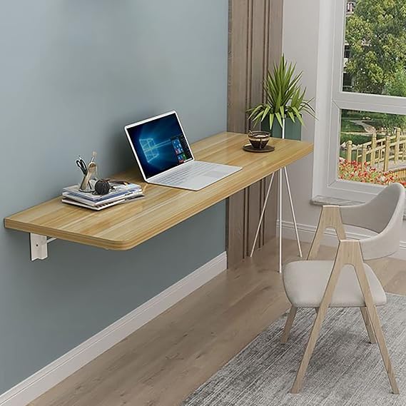 Folding Wall-Mounted Table for Small Spaces, Floating Desk for Home Office, Solid Wood Foldable Workbench, Space-Saving Table for Living Room