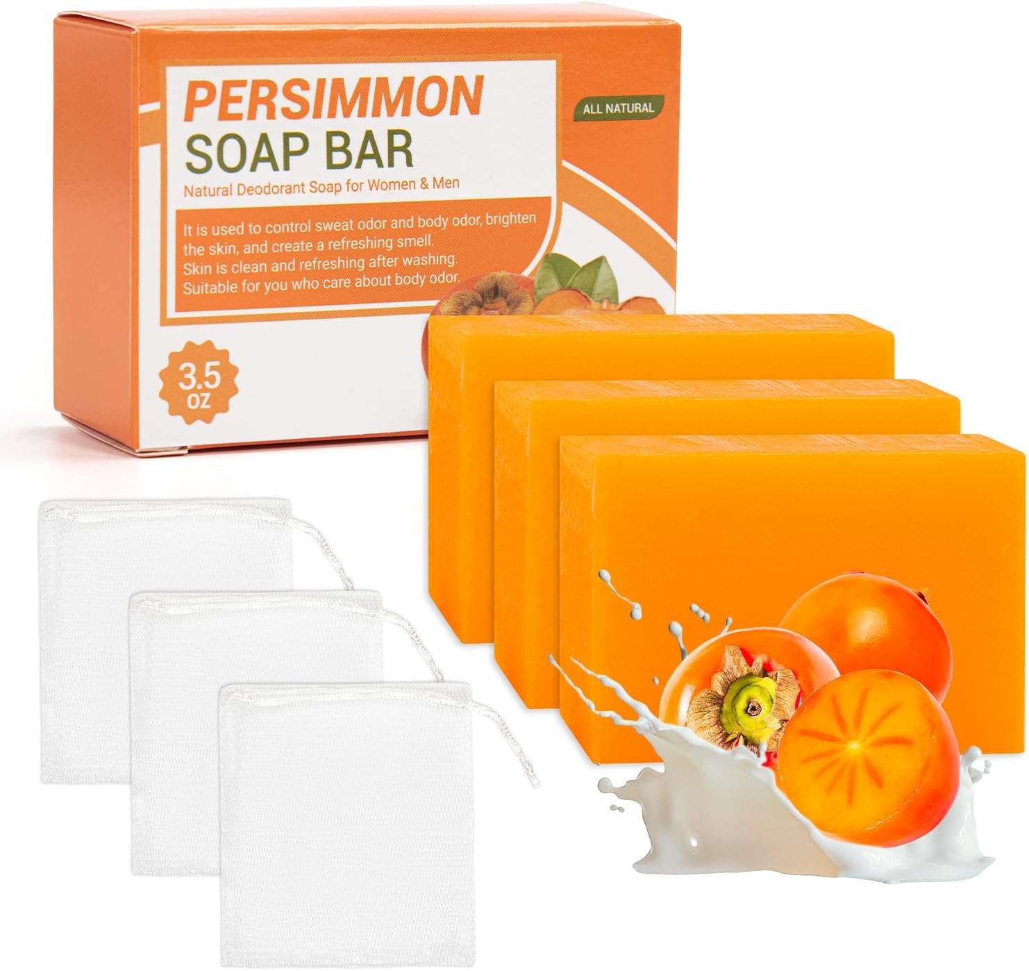 3 PCS Persimmon Soap for Body Odour, Persimmon Deodorant Soaps Barn for Old People Smell, Natural Hand & Body Soaps with Foaming Nets for Men Women Deep Cleaning,Removes Odors (1, Orange-B)