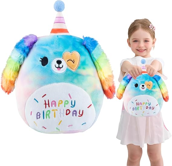 Unicorn Dog Plush Pillow, 9.8inch Cute Rainbow Dog Birthday Plush Toys, Kawaii Soft Plushies Huggable Toy Stuffed Animal Happy Birthday Gifts for Girls Kids