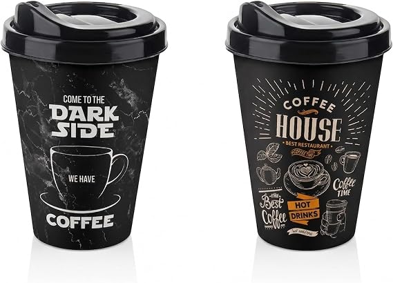 Titiz 2'li Coffee House Desenli Kahve Bardağı Takımı (2 x 400 ml) - Kahverengi Pipet Girişli Kapaklı İçecek Bardağı Paketi