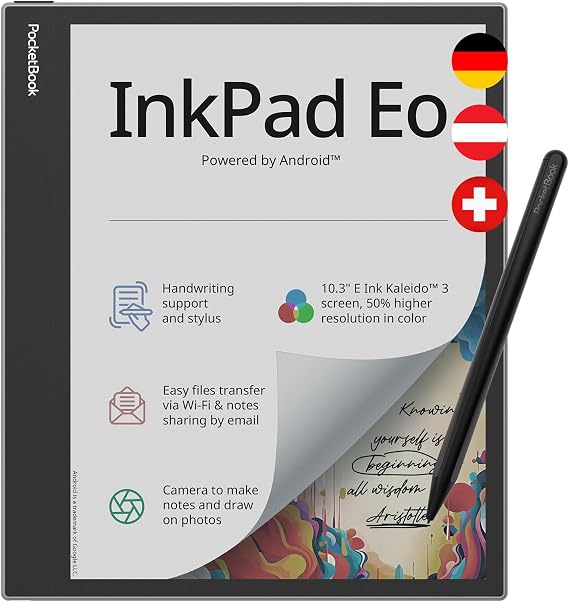 Pocketbook InkPad Eo E-Reader, 10.3 Inch E-Ink Colour Display, 64 GB, Android, Bluetooth, Camera, Touchpen, Light Grey - DE/at/CH Version