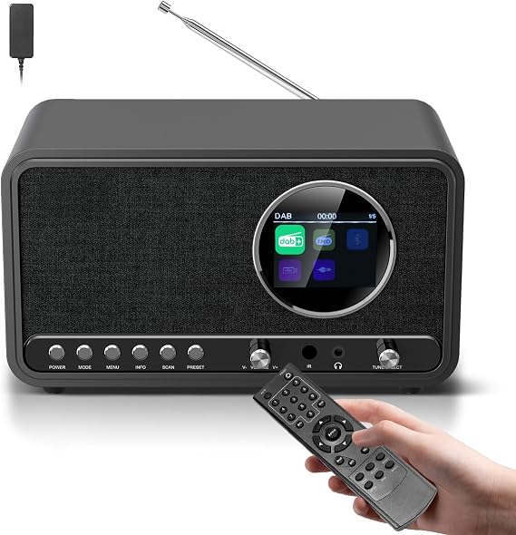 DAB DAB+/FM Radio with Remote Control, Bluetooth, 5W HiFi Speaker, Headphone Jack, USB, AUX, DAB Plus Digital Radio Power Plug, Kitchen Radio with 60 Station Memories, Double Alarm Clock, Sleep Timer