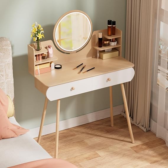 Dressing Table, Makeup Table with Drawers, Vanity Desk with Mirror and LED Lights, 2 Drawers and Opening Shelves,Bedroom Dressing Table,3 Lighting Modes, Wooden, From UK Wooden