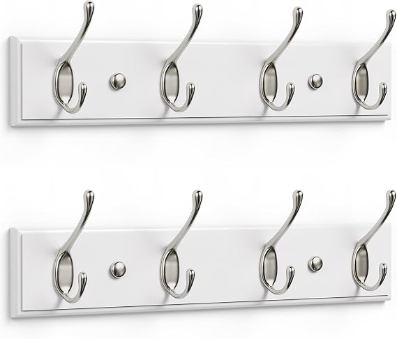 LARHN White Wall-Mounted Coat Rack, 2-Pack - 4 Matt-Nickel Coat Hooks, 42cm