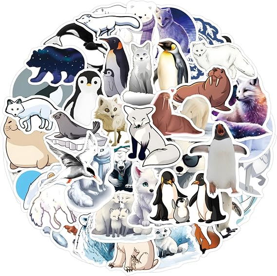 Arctic Animals Stickers Pack, 60PCS Colourful Vinyl Waterproof Decals of Polar Bears Penguins Seals and Foxes for Scrapbooking Laptops Bottles Skateboards Suitcases, Cute Stickers for Teens Adults