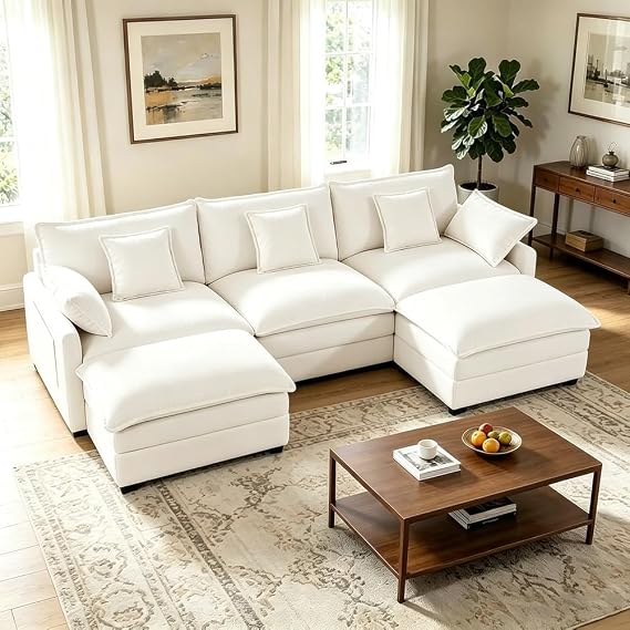 274 cm U-Shaped Modular Sofa, with Movable Ottoman Footstool, 3-Seater Sectional Couch, Set of Cloud Couch, Deep Seat Sofa for Living Room Bedroom,Beige,3 Seat+2 Ottoman