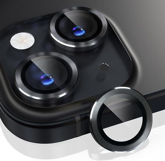 Choiche iPhone 15 /iPhone 15 Plus Kamera Lens Koruyucu, 9H Temperli Cam Kamera Kapağı Ekran Koruyucu Metal Halka Dekorasyon Aksesuarları (Siyah)