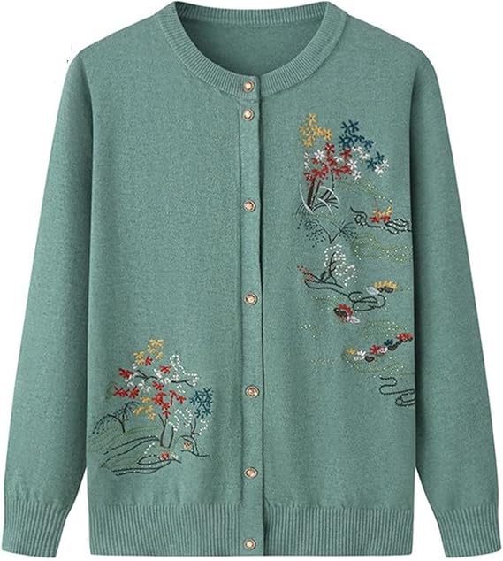 CBROOT Middle Aged Elderly Mother Cardigan Knitted Sweater - Grandma Spring Autumn Embroidery Knit Cardigan Fashion Slim Long Sleeve Thin Sweater Coat 60-80 Year Old Jacket