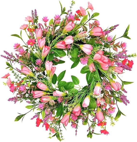 Spring Summer Tulips Wreath for Front Door,45cm Tulips Floral Wreath with Daisies,Lavender And Eucalyptus Leaves,Green Pink Artificial Tulip Floral Door Wreaths,Spring Hanging Decoration