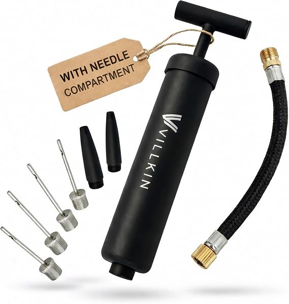 Villkin Ball Pump with Needle Compartment in Handle - 4 Metal Needles, 2 Plastic Nozzles, 1 Flexible Hose - Air Pump for Football, Basketball, Volleyball, Handball - Black