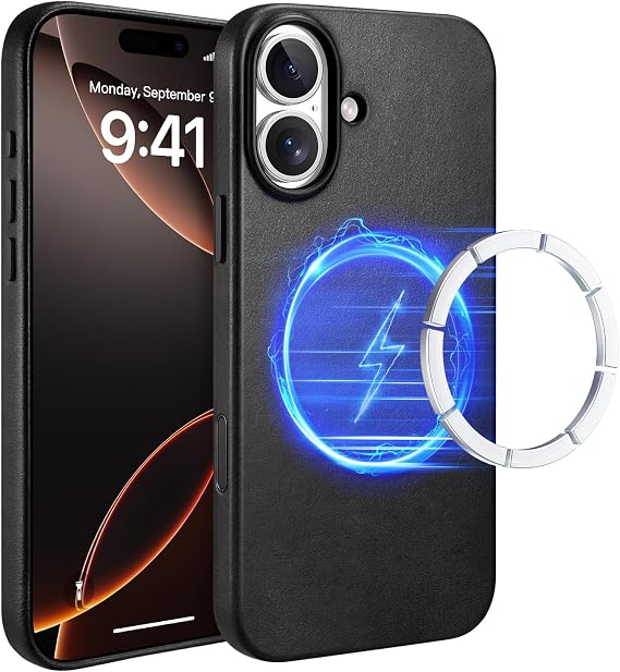 iPhone 17 Compatible Genuine Leather Smartphone Case, Mag-Safe Compatible, Overflowing, Simple Design, Thin, Lightweight, Shockproof, Anti-Fingerprint, Anti-Slip, Metal Button Full Protection Black