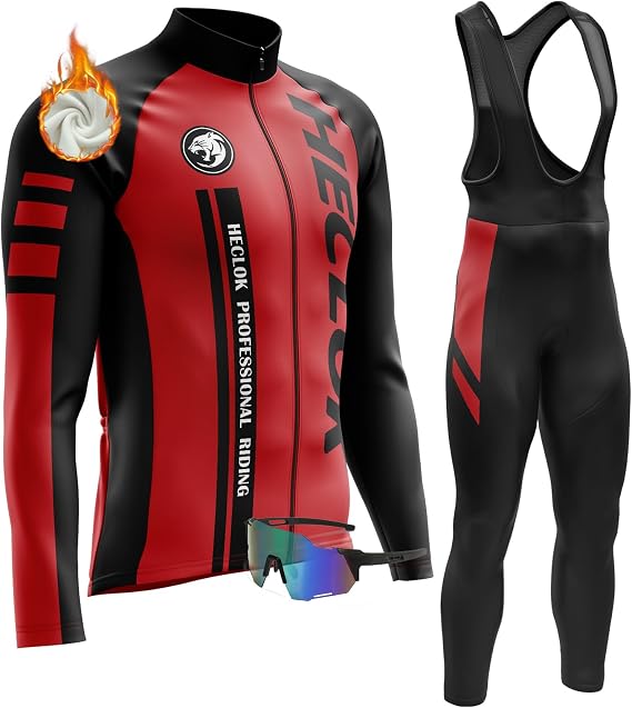 Men's Edition Winter Cycling Suit - Windproof Lightweight Thermal，Long Sleeve Warm Jersey＋9D Padded Bib Tight for Bicycle Riding＋Windproof cycling glasses