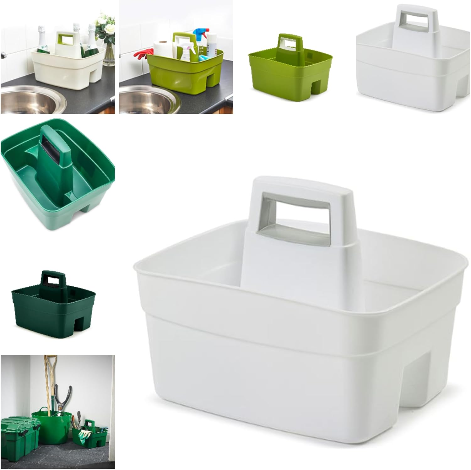 Kitchen Caddy with Handle, Dual Compartment Storage Organiser for Cleaning Supplies, Kitchen and Garden Use, Heavy Duty, Available in Green, White, Cream, Dark Green (White)