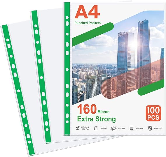 Plastic Wallets A4 Punched Pockets Heavy Duty, 160 Micron, Glass Clear
