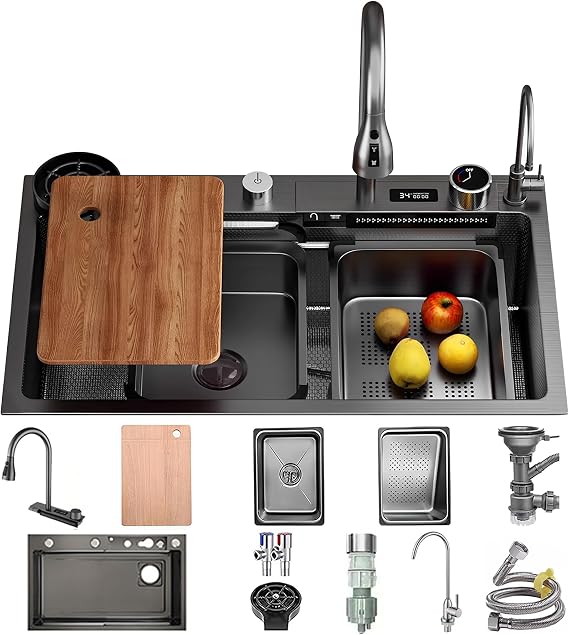 80 x 50 cm Waterfall Washbasin, Stainless Steel Black Grey Kitchen Sink, Waterfall Sink with Display Screen, 1 Basin Sink, Large Worktop Kitchen Sink with Chopping Board, Siphon, Overflow and Drain