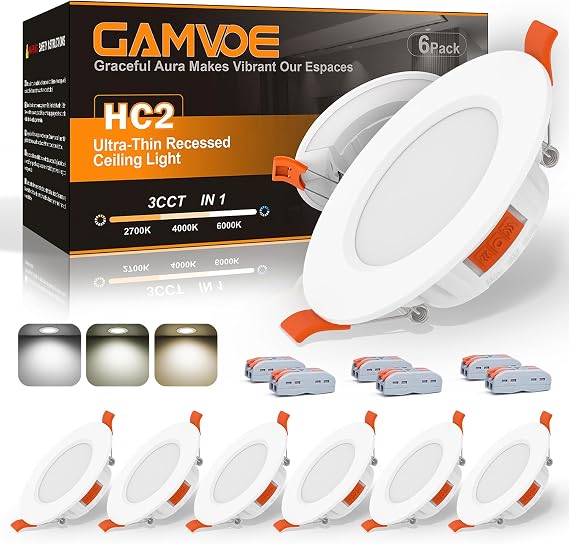 Recessed Ceiling Lights,GAMVOE Downlights for Ceiling 6W 3CCT 2700K/4000K/6000K Adjustable,LED Bathroom Spotlight Cut Diameter 67-99mm NON Dimmable Ultra Slim Downlight for Kitchen,Living Room(6Pack) [Energy Class F]