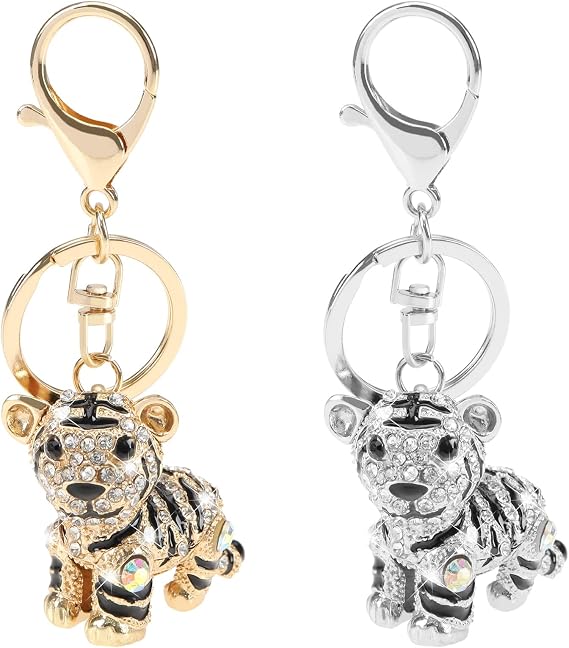 VGOL 2PCS 3D Tiger Keychain Shiny Rhinestones Key Ring Charm Small Animal Key Fob Backpack Ornament Decorative Accessories Surprise Present for Women Men