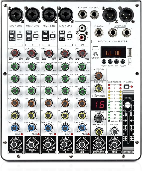 Audio Mixer 6 Channel Mixer, DJ Mixer with USB Interface, Bluetooth Function, 16 DSP Effects