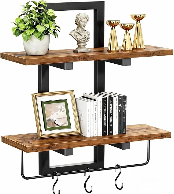 TRAYINDALY Floating Shelves for Wall 2-Tier, Wood Wall Shelf with Towel Bar and 3 Hooks, Rustic Brown Hanging Storage & Organiser for Bedroom, Bathroom, Living Room, Kitchen