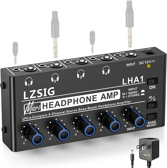LZSIG Kulaklık Amplifikatörü 4 Kanallı Metal Stereo Ses Amplifikatörü, Güç Adaptörlü Mini Kulaklık Dağıtıcı, 1/4 inç ve 1/8 inç TRS Kulaklık Çıkışı ve Ses Mikseri için TRS Ses Girişi, DC 12V-LHA1