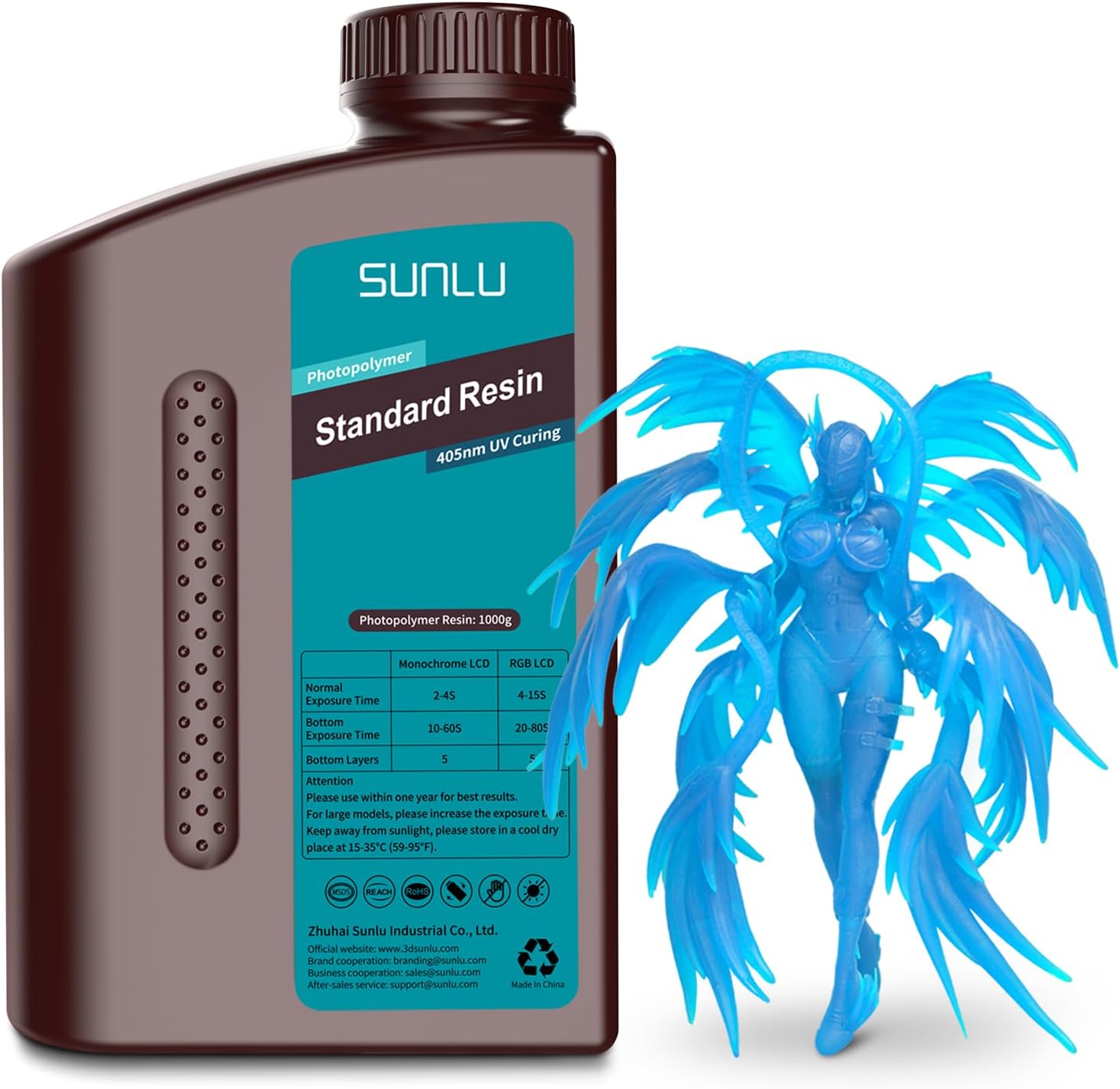 SUNLU Standard Resin, 405nm UV Light Curing Resin for LCD 3D Printer 3D Printer Photo Polymer Resin, Low Shrink Fast Cure, 1000G, Translucent Blue