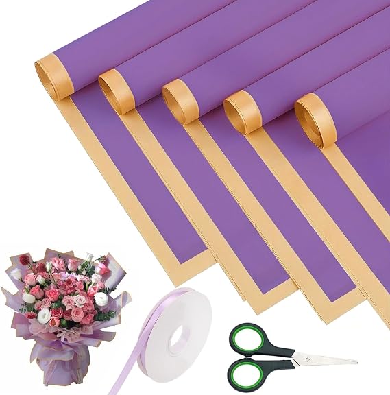 Flower Wrapping Paper, 20 Sheet Bouquet Wrapping Paper, 58cm Double Sided Bouquet Wrap Kit for Gifts Flowers and Crafts with Ribbon and Scissors for Gift Wrap DIY Arts Crafts(Purple)