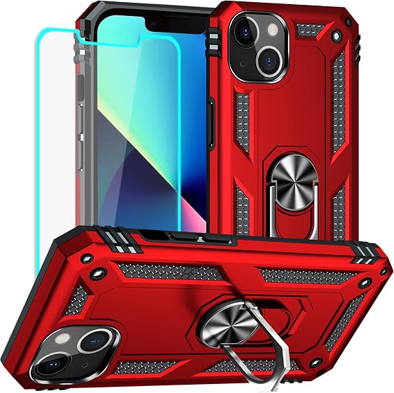 Yiakeng for iPhone 13 Case, Case iPhone 13 with HD Screen Protector, Military Grade Protective Cases with Ring for iPhone 13 (Red)