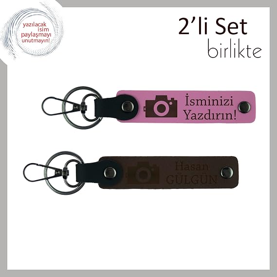 Kişisel Yazılı 2'li Anahtarlık Kamera Desenli, Standart, MH-KAN-39834x2, pembe-koyu kahve, üniseks-yetişkin