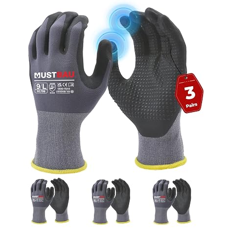 3 Pairs Safety Work Gloves Breathable Nitrile Coated Gloves,Knit Nylon Protective Gloves,Abrasion,Dexterity, Touch Screen, for Most Kinds of Jobs-L
