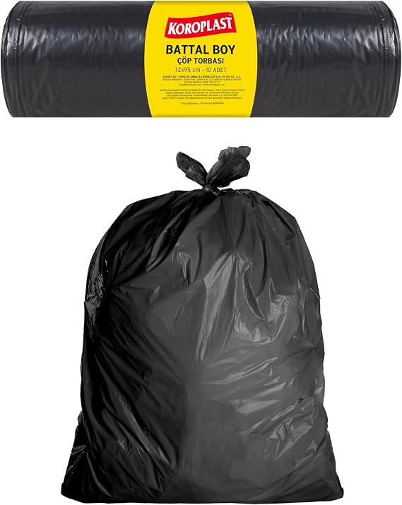 Koroplast Endüstriyel Çöp Torbası Battal Siyah 10 Adet 72 x 95 Cm, Kalın & Yırtılmaz, Sızdırmaz, Çift Katlı, Geri Dönüştürülebilir, Fabrika, Depo, Kafe, Otel, İnşaat Alanı, Atölye, Hastane, Bahçe