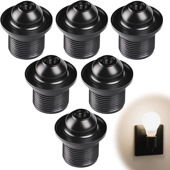 E27 Lamp Holder Black Compatible with Vintage Pendant Lights, Self-Locking Bakelite Socket with 10mm Threaded Entry and Shade Ring for Desk or Ceiling Light Fixtures [Energy Class A]