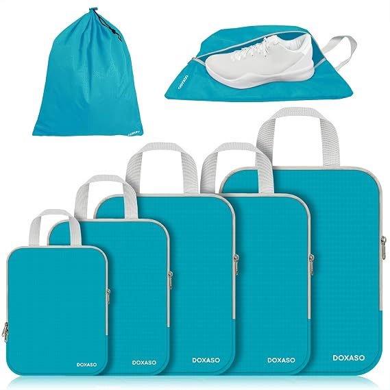 Compression Packing Cubes Ultralight Expandable Suitcase Organiser Bags Water Repellent Travel Organiser for Backpack 7 PCS (Blue-7 Pcs)
