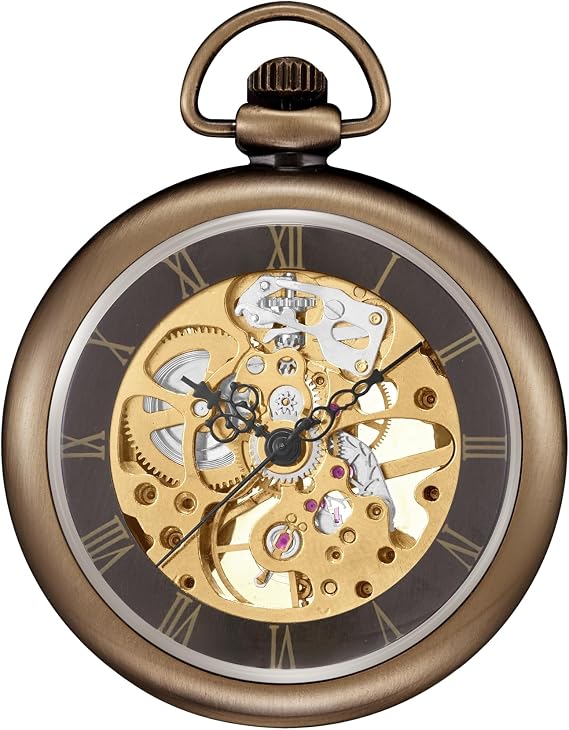 ShoppeWatch Mens Pocket Watch with Chain | Wind Up Pocket Watch | Open Face Transparent Mechanical Movement Pocketwatch and Chain | 1920s Railroad Steampunk Costume Accessory