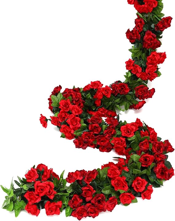 JUSTOYOU 2pcs 7.8FT Double Color Artificial Fake Rose Garland Red Vines Hanging Silk Flowers Artificial Flower for Outdoor Indoor Wedding Wall Badroom Decoration (Red, 13 Heads)