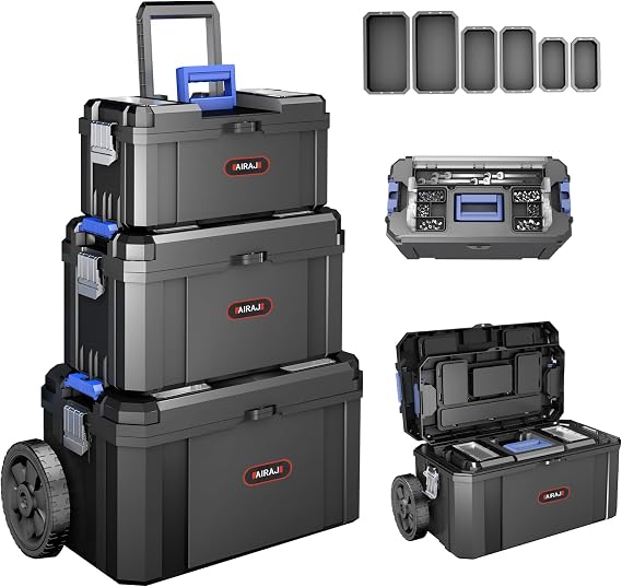 3-in-1 Tool Box with Wheels Modular Tool Box Empty Stackable Tool Box Top with Parts Box with Removable Small Parts Box Suitable for Home Repairs and Garage 17 inches + 19 inches + 21 inches