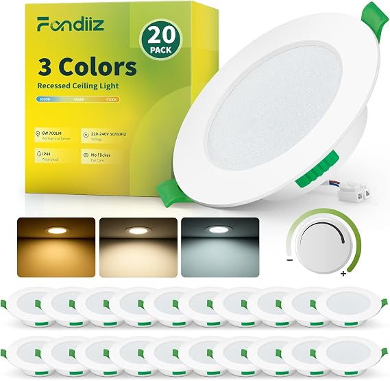Fondiiz 20 Pack Dimmable Downlights for Ceiling, 6W, 3CCT, IP44 Waterproof [Energy Class D]