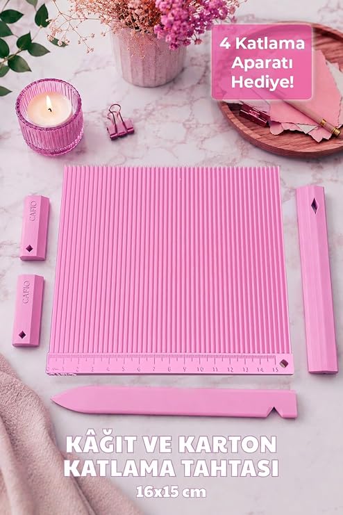 Kağıt ve Karton Katlama Tahtası 16x15 cm | Skorlama Panosu | Davetiye, Kutu ve Scrapbook Katlama Aparatı | Pembe | Plastik