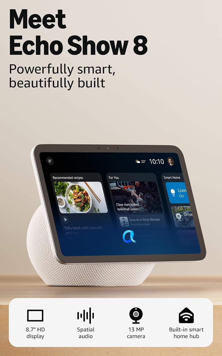Amazon Echo Show 8 (newest gen), Vibrant HD 8.7" display with spatial audio, Glacier White, with Alexa+ Early Access