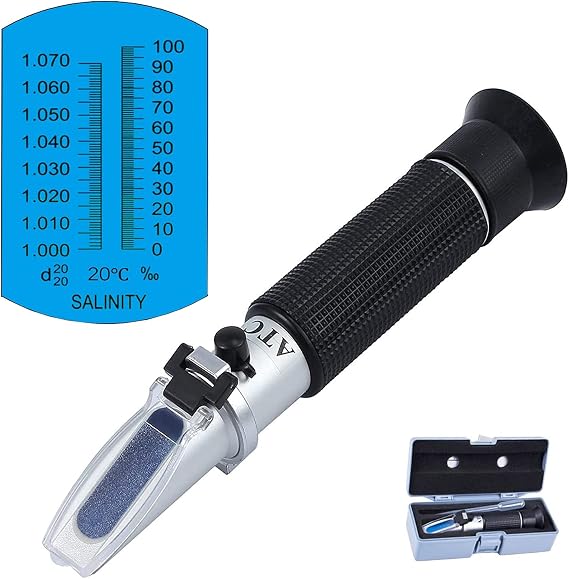 Salinity Refractometer Automatic Temperature Compensation Handheld Salinity Refractometer Hydrometer 0-100 ppt & 1000-1.070 Specific Gravity ATC Refractometer for Saltwater Aquariums