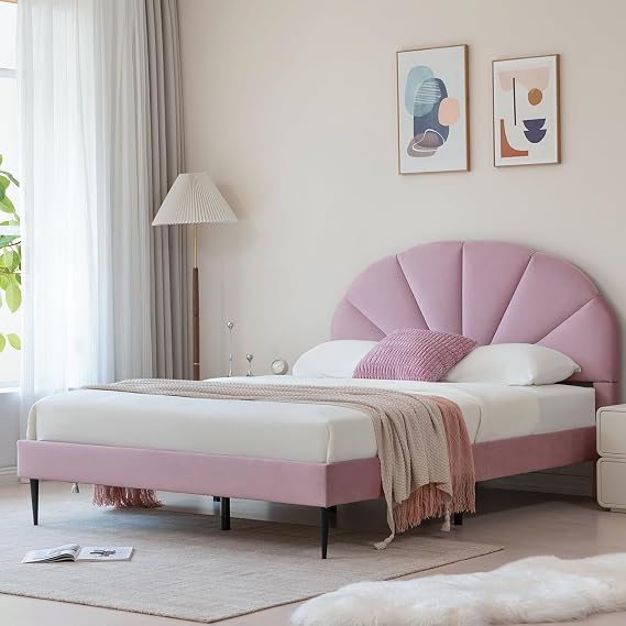 VELOCAVA Pink Bed Frame Queen Size, Heavy Duty Upholstered Bed with Unique Headboard, Soft Velvet Platform Bed with Strong Wooden Slats Support, No Box Spring Needed, Easy to Assemble