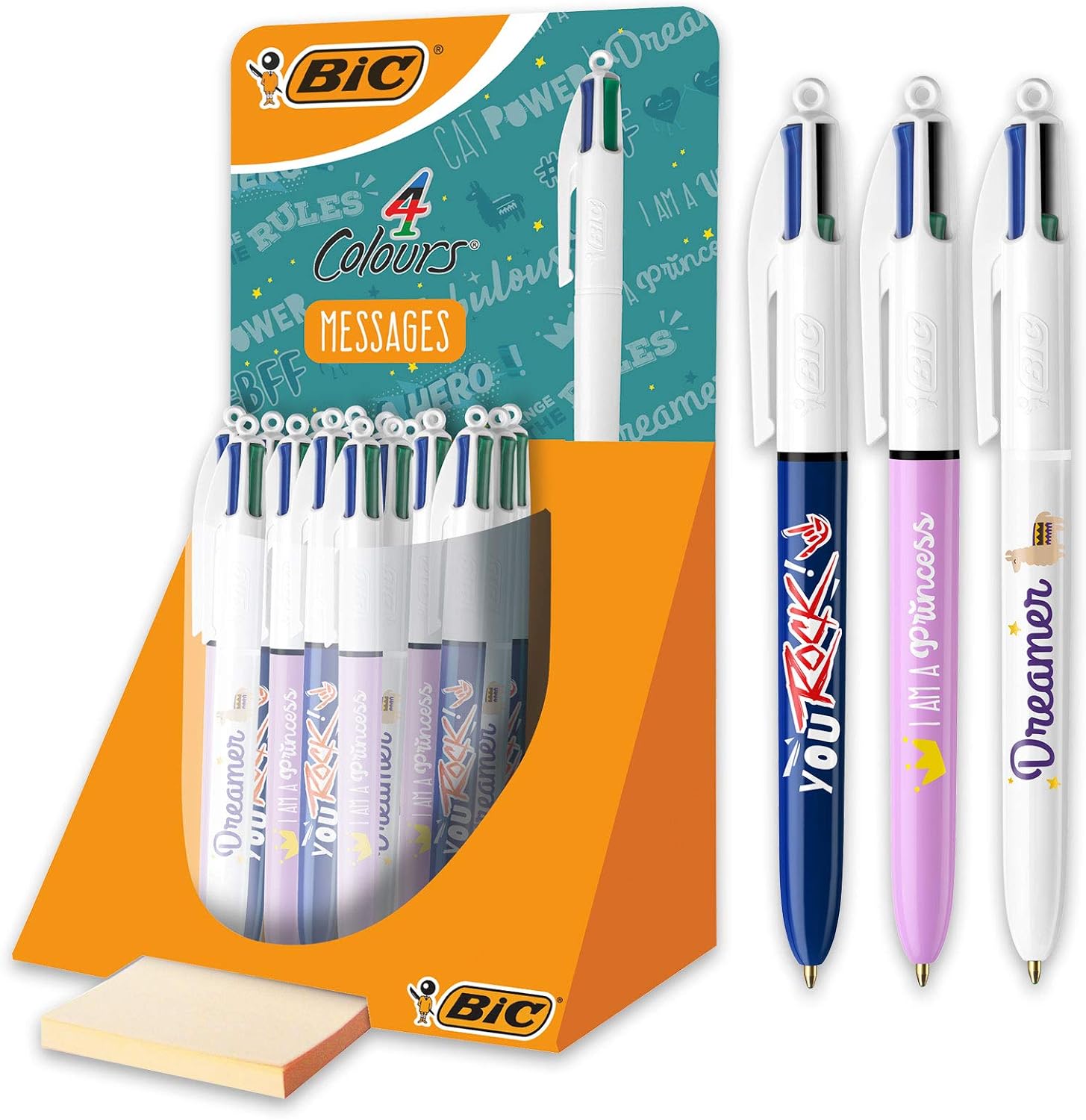 BIC 4-Colour Messages Retractable Ballpoint Pens Medium Point 1 mm Assorted Decorations, Tube Pack of 30,Blue,Green,Red,Black