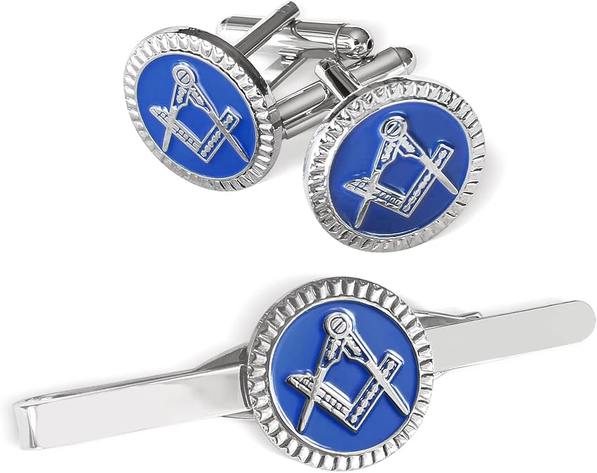 THE MASONIC COLLECTION - Square & Compass Cufflinks and Tieslide Set for Men - Blue and Silver Plated -  in Velvet Pouch/Gift Box - Freemason Gift For Men