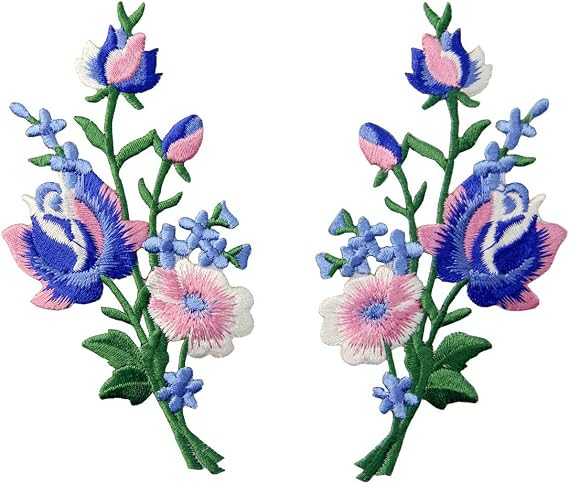 Flowers Bouquet Boho Patch Embroidered Floral Applique Iron On Sew On Rose Emblem, Set of 2 Pcs, Pink Blue