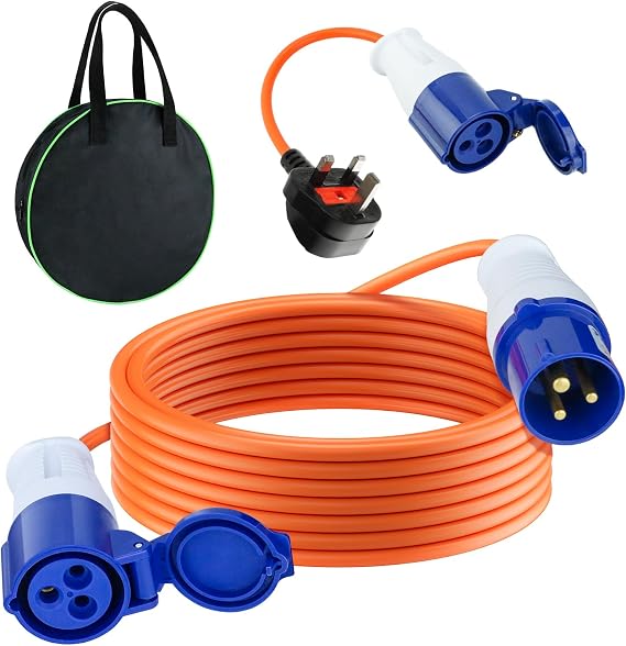 10m Caravan Hook Up Cable - 240V 16A Camping Extension Lead with 3 Pin Fly Lead Converter and Carrying Bag, Power Cord Electric Extension Cable for Motorhomes Campervans 