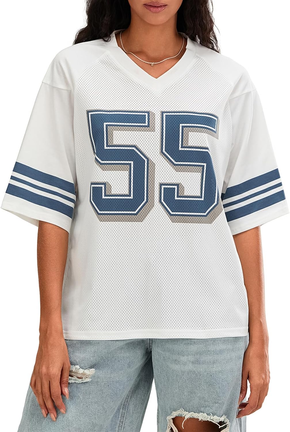 Women’s Y2k Oversized Number Graphic Shirts V Neck Short Sleeve Jersey Top Summer Going Out Tees Aesthetic Clothes