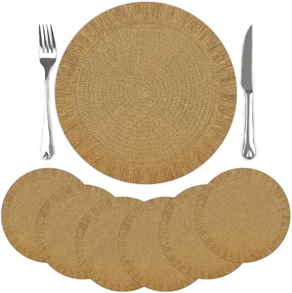comfoyar Round Braided Placemats Set of 6, 38cm Non-Slip Paper Woven Place Mats with Long Tassel, Rustic Table Mats for Home Kitchen Dining Party Restaurant Farmhouse Decoration, Brown